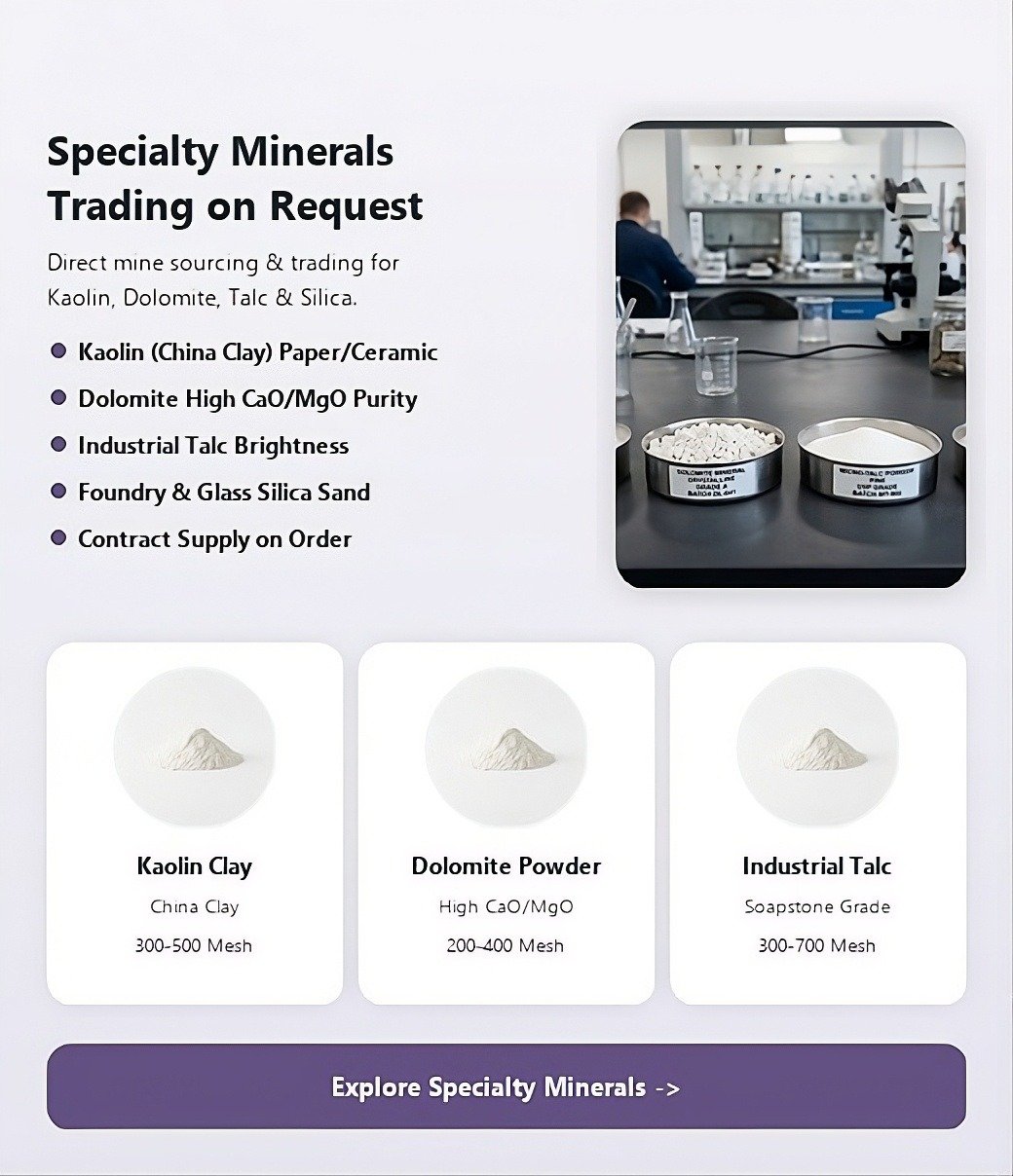 Specialty Minerals Trading (On Request) – Kaolin, Dolomite, Talc & Silica Sand